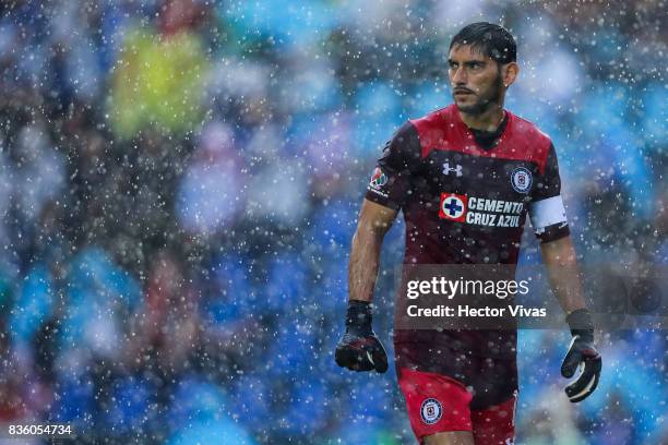 Jesus Corona of Cruz Azul gestures during the fifth round match between Cruz Azul and Atlas as part of the Torneo Apertura 2017 Liga MX at Azul...