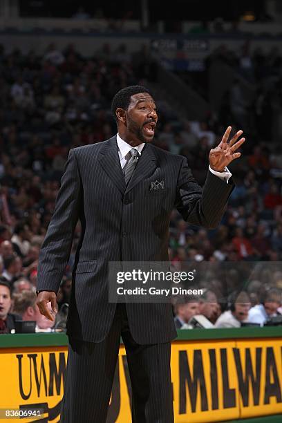 Head coach Sam Mitchell of the Toronto Raptors gestures from the sideline during the game against the Milwaukee Bucks on November 1, 2008 at the...