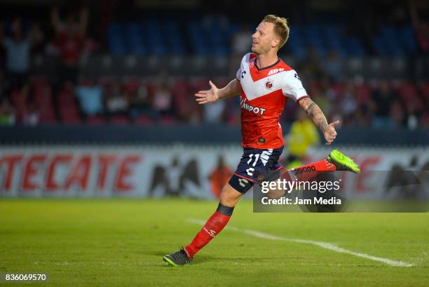 Cristian Menendez of Veracruz celebrates after scoring the first goal of his team during the fifth round match between Veracruz and Queretaro as part...