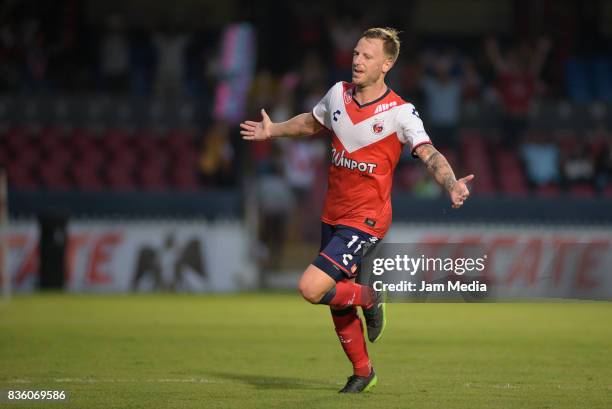 Cristian Menendez of Veracruz celebrates after scoring the first goal of his team during the fifth round match between Veracruz and Queretaro as part...