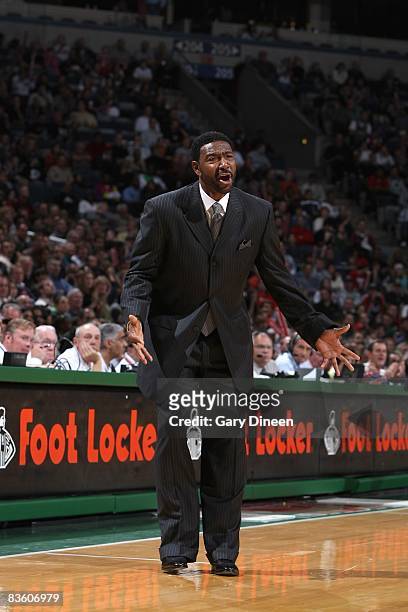 Head coach Sam Mitchell of the Toronto Raptors shouts from the sideline during the game against the Milwaukee Bucks on November 1, 2008 at the...