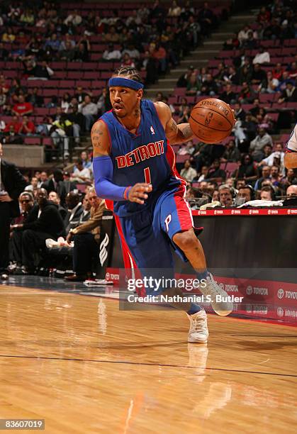 Allen Iverson drives to the basket during his first game as a Detroit Piston against the New Jersey Nets on November 7, 2008 at the IZOD Center in...