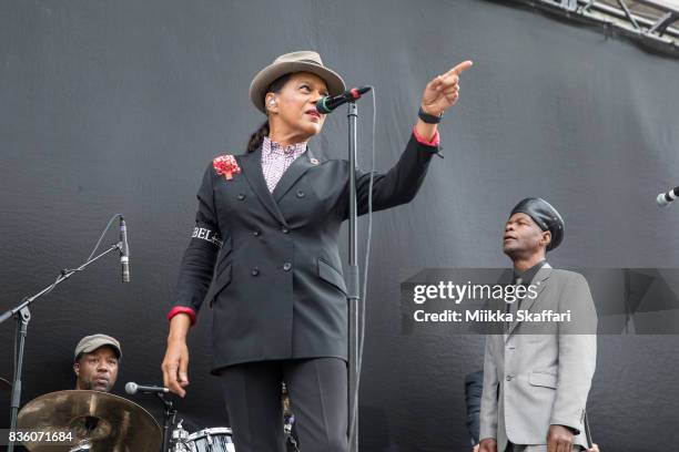 Drummer Winston Marche, vocalists Pauline Black and Arthur 'Gaps' Hendrickson of The Selecter perform at The Greek Theater on August 20, 2017 in...