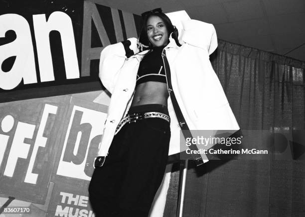 American R&B singer Aaliyah, aka Aaliyah Dana Houghton poses for a photo backstage at Madison Square Garden for Lifebeat's Urban Aid benefit concert...