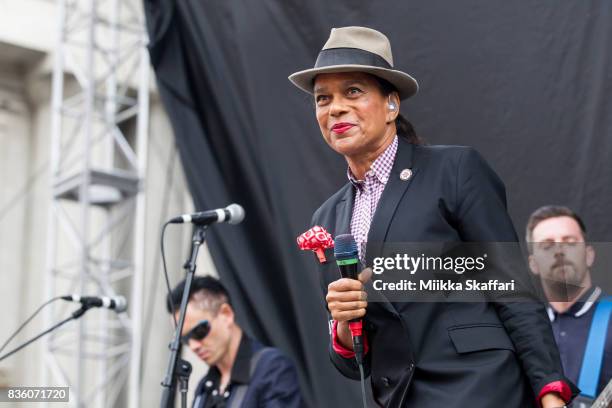 Guitarist Will Crewdson, bassist Luke Palmer and vocalist Pauline Black of The Selecter perform at The Greek Theater on August 20, 2017 in Berkeley,...