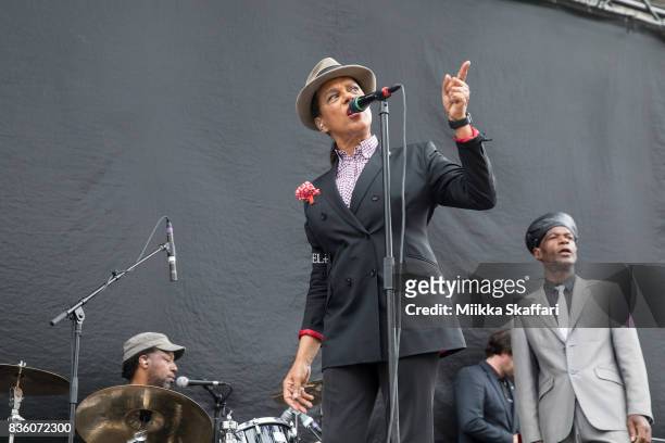 Drummer Winston Marche, vocalists Pauline Black and Arthur 'Gaps' Hendrickson of The Selecter perform at The Greek Theater on August 20, 2017 in...