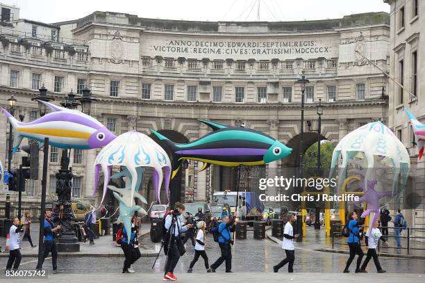 Greenpeace protestors take part in a parade of inflatable sea creatures on August 21, 2017 in London, England. The Greenpeace parade of inflatable...