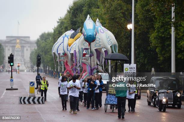 Greenpeace protestors make their way down The Mall as they take part in a parade of inflatable sea creatures on August 21, 2017 in London, England....