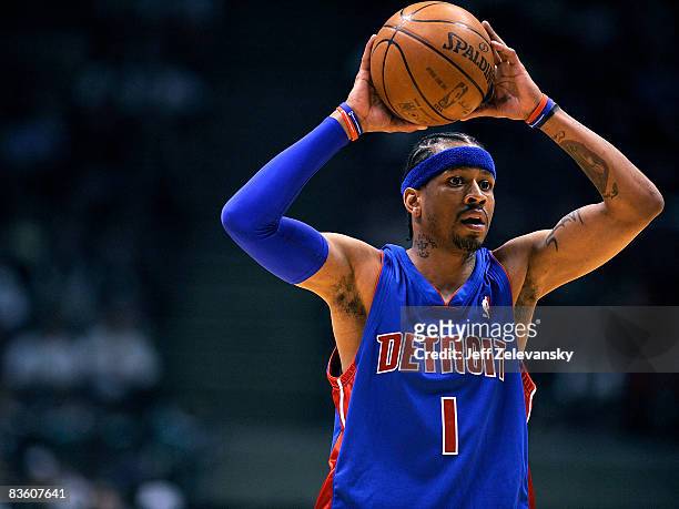 Allen Iverson of the Detroit Pistons looks for an open man during a game against the New Jersey Nets November 7, 2008 at the Izod Arena in East...