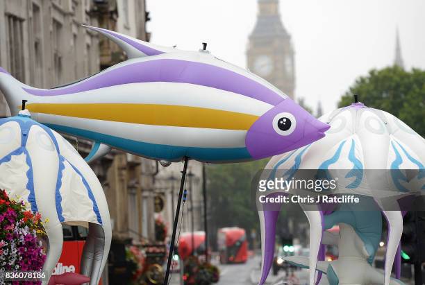 Detail of an inflatable fish as Greenpeace protestors take part in a parade of inflatable sea creatures on August 21, 2017 in London, England. The...