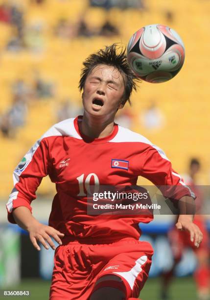 Jon Myong Hwa of Korea jumps for the ball during the FIFA U-17 Women`s World Cup Quarter final match between Denmark and Korea at the Westpac Stadium...