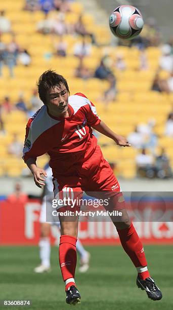Jon Myong Hwa of Korea jumps for the ball during the FIFA U-17 Women`s World Cup Quarter final match between Denmark and Korea at the Westpac Stadium...