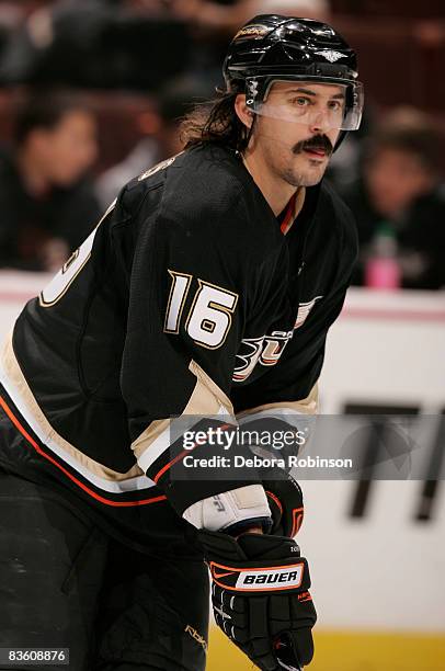 George Parros of the Anaheim Ducks skates on the ice during warmups prior to game against the Dallas Stars on November 7, 2008 at Honda Center in...