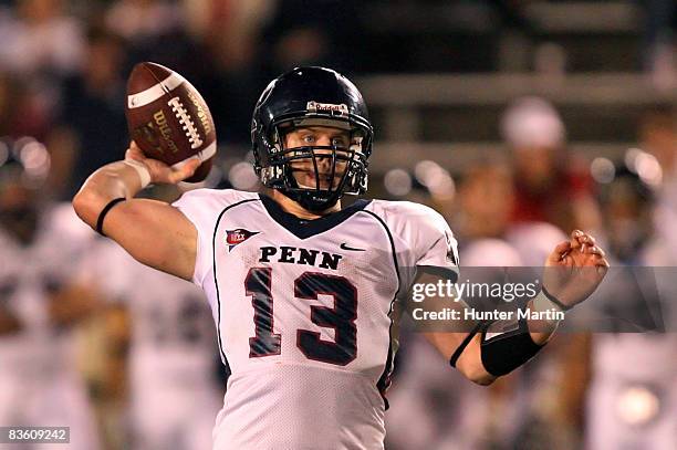 Quarterback Keiffer Garton of the Pennsylvania Quakers throws a pass during the game against the Princeton Tigers on November 7, 2008 at Palmer...