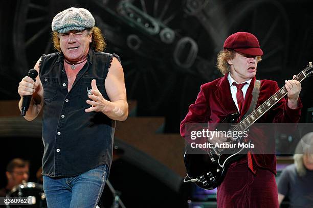 Brian Johnson and Angus Young of AC/DC perform live in concert during their "Black Ice" Tour at the Rogers Centre on November 7, 2008 in Toronto,...