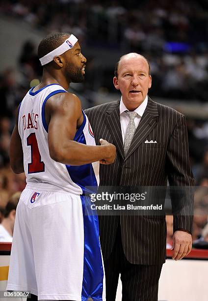 Baron Davis talks with head coach Mike Dunleavy of the Los Angeles Clippers during the game against the Houston Rockets at Staples Center on November...