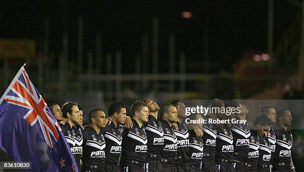 The Kiwis line up to sing their national anthem prior to the 2008 Rugby League World Cup Pool 1 match between England and New Zealand at...