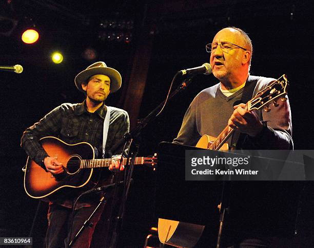 Musicians Jakob Dylan and Pete Townshend perform at Rachel Fuller's "In The Attic", presented by Best Buy, at the Troubador on November 7, 2008 in...