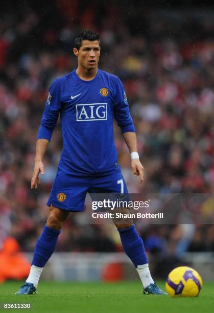 Cristiano Ronaldo of Manchester United line up a free-kick during the Barclays Premier League match between Arsenal and Manchester United at the...