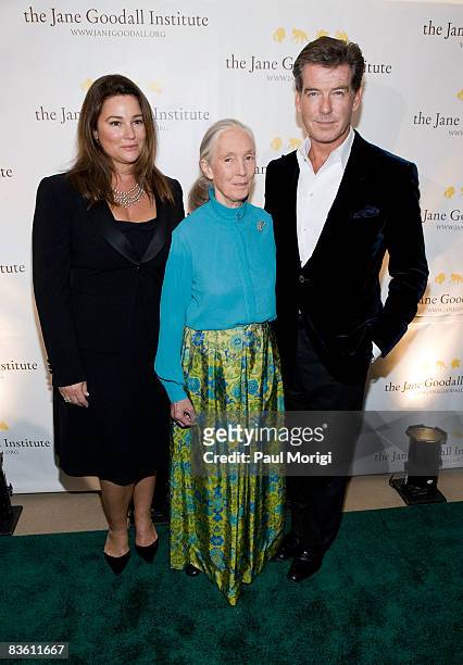 Keely Shaye Smith, Jane Goodall and Pierce Brosnan pose for a photo at the 2nd Annual Jane Goodall Institute Global Leadership Awards at the Ronald...