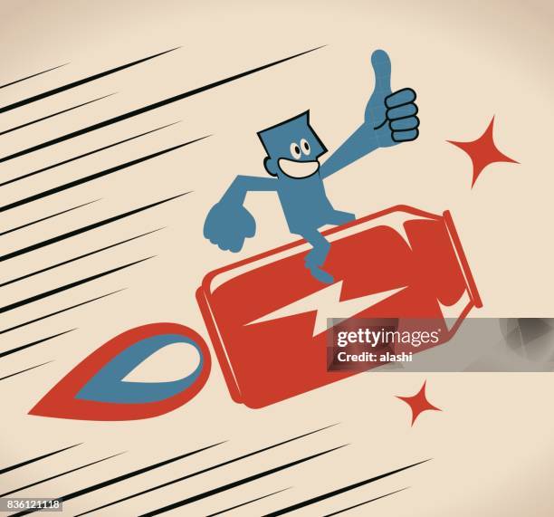 businessman flying with energy drink can jet rocket, showing thumbs up hand sign - carbonated drink stock illustrations