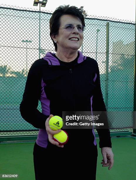 Billie Jean King watches children take part in her tennis mentoring clinic during the Sony Ericsson Championships at the Khalifa Tennis Complex on...