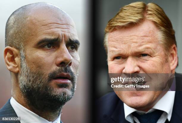 In this composite image a comparision has been made between Josep Guardiola, Manager of Manchester City and Ronald Koeman, Manager of Everton....