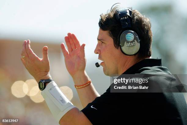 Defensive coordinator Will Muschamp of the Texas Longhorns cheers on his team against the Baylor Bears in the second quarter on November 8, 2008 at...