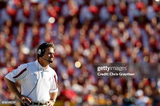 Head coach Nick Saban of the Alabama Crimson Tide watches a play against the Louisiana State University Tigers on November 11, 2008 at Tiger Stadium...