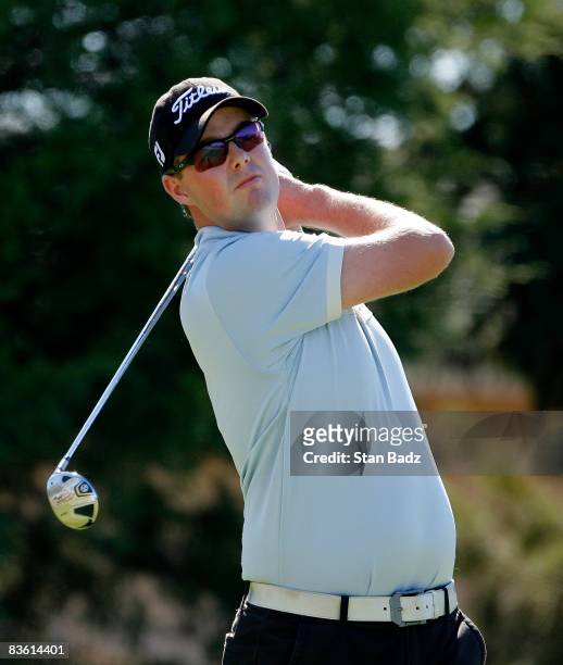 Marc Leishman hits from the third tee box during the third round of the Nationwide Tour Championship at TPC Craig Ranch on November 8, 2008 in...