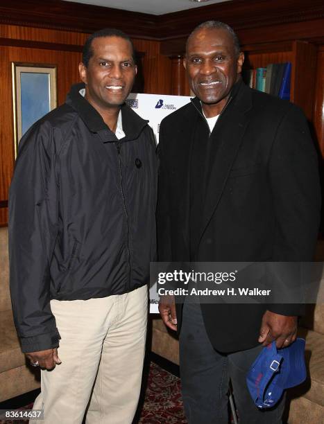 Former NFL player for the New York Jets Burgess Owens and former NFL player for the New York Giants Harry Carson attend a lunch in Little Italy at...