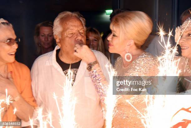 A guest, Massimo Gargia and Ivana Trump attend the Massimo Birthday Party at Hotel de Paris As Part of Saint-Tropez Party On French Riviera on August...