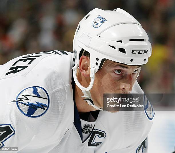 Vincent Lecavalier of the Tampa Bay Lightning waits for the puck to drop prior to a faceoff against the Philadelphia Flyers on November 8, 2008 at...
