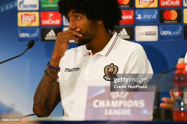 Nice's Brazilian defender Dante speaks during a press conference at The Allianz Riviera Stadium in Nice, south-eastern France on August 21 on the eve...