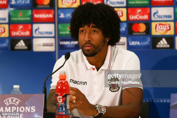 Nice's Brazilian defender Dante speaks during a press conference at The Allianz Riviera Stadium in Nice, south-eastern France on August 21 on the eve...