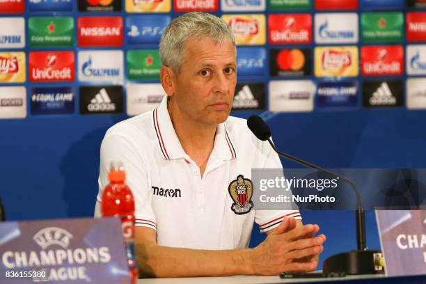 Nice's Swiss head coach Lucien Favre speaks during a press conference at The Allianz Riviera Stadium in Nice, south-eastern France on August 21 on...