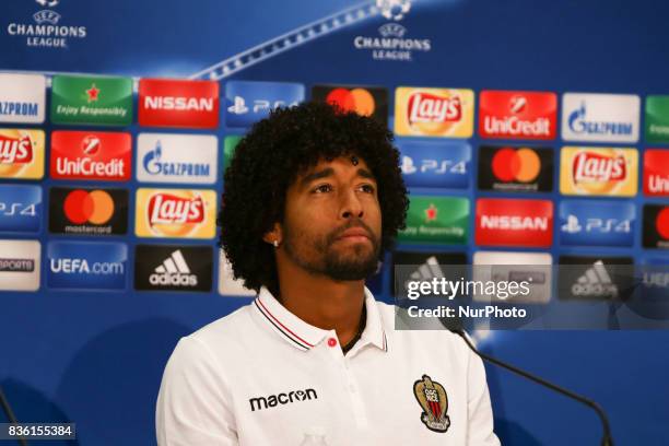 Nice's Brazilian defender Dante speaks during a press conference at The Allianz Riviera Stadium in Nice, south-eastern France on August 21 on the eve...