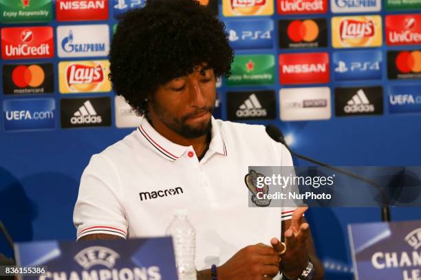 Nice's Brazilian defender Dante speaks during a press conference at The Allianz Riviera Stadium in Nice, south-eastern France on August 21 on the eve...