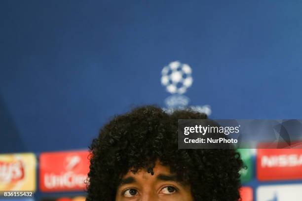 Nice's Brazilian defender Dante speaks during a press conference at The Allianz Riviera Stadium in Nice, south-eastern France on August 21 on the eve...