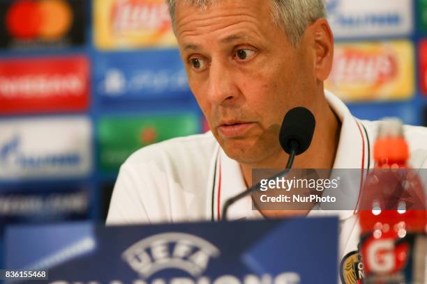 Nice's Swiss head coach Lucien Favre speaks during a press conference at The Allianz Riviera Stadium in Nice, south-eastern France on August 21 on...