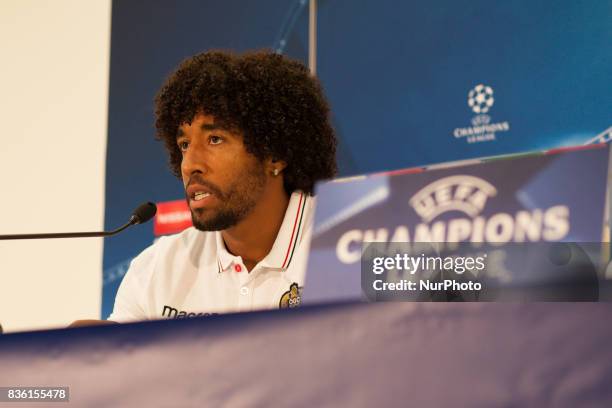 Nice's Brazilian defender Dante speaks during a press conference at The Allianz Riviera Stadium in Nice, south-eastern France on August 21 on the eve...