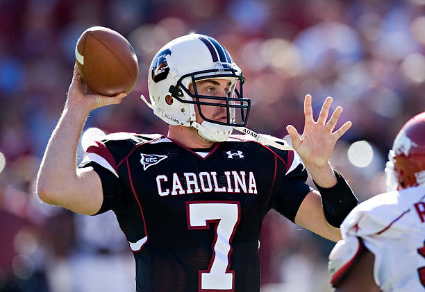 Chris Smelley of the South Carolina Gamecocks throws a pass against the Arkansas Razorbacks at Williams-Brice Stadium on November 8, 2008 in...