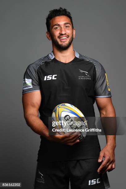 Maxime Mermoz of the Newcastle Falcons poses for a portrait during the Newcastle Falcons photocall at Kingston Park on August 17, 2017 in Newcastle...