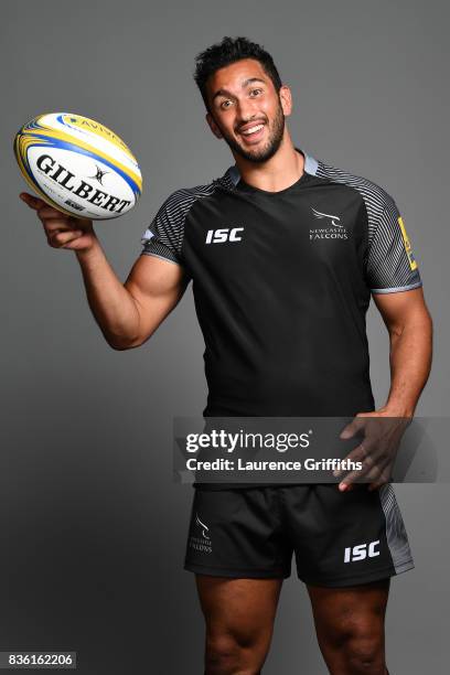 Maxime Mermoz of the Newcastle Falcons poses for a portrait during the Newcastle Falcons photocall at Kingston Park on August 17, 2017 in Newcastle...