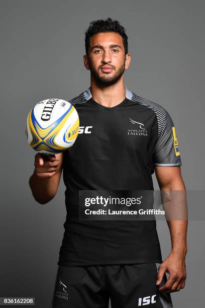 Maxime Mermoz of the Newcastle Falcons poses for a portrait during the Newcastle Falcons photocall at Kingston Park on August 17, 2017 in Newcastle...