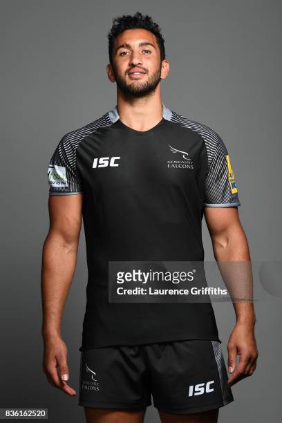 Maxime Mermoz of the Newcastle Falcons poses for a portrait during the Newcastle Falcons photocall at Kingston Park on August 17, 2017 in Newcastle...