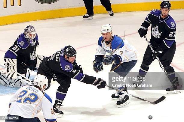 Matt Greene of the Los Angeles Kings passes the puck away from the net against the St. Louis Blues during the game on November 8, 2008 at Staples...