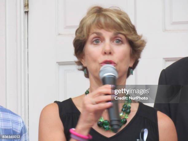 Councilwoman Lisa Swain speaks during a Rally for Unity and Peace with Mayor, Councilwoman, full Borough Council and religious leaders in Fair Lawn,...