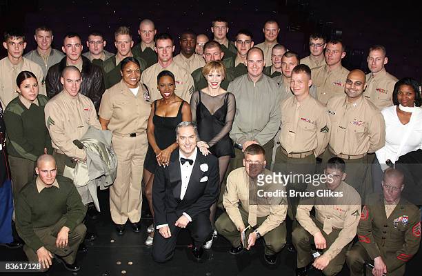 The cast of Broadway's "Chicago" pose with Military Officers who came to see the show at The Ambassador Theater on November 8, 2008 in New York City.