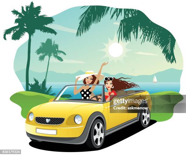 illustrations, cliparts, dessins animés et icônes de deux femmes heureux dans une voiture - couple conduire voiture